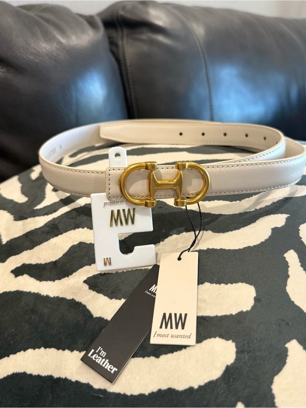 MW Most Wanted IVORY  Leather Belt with Gold Interlocking Buckle NWT